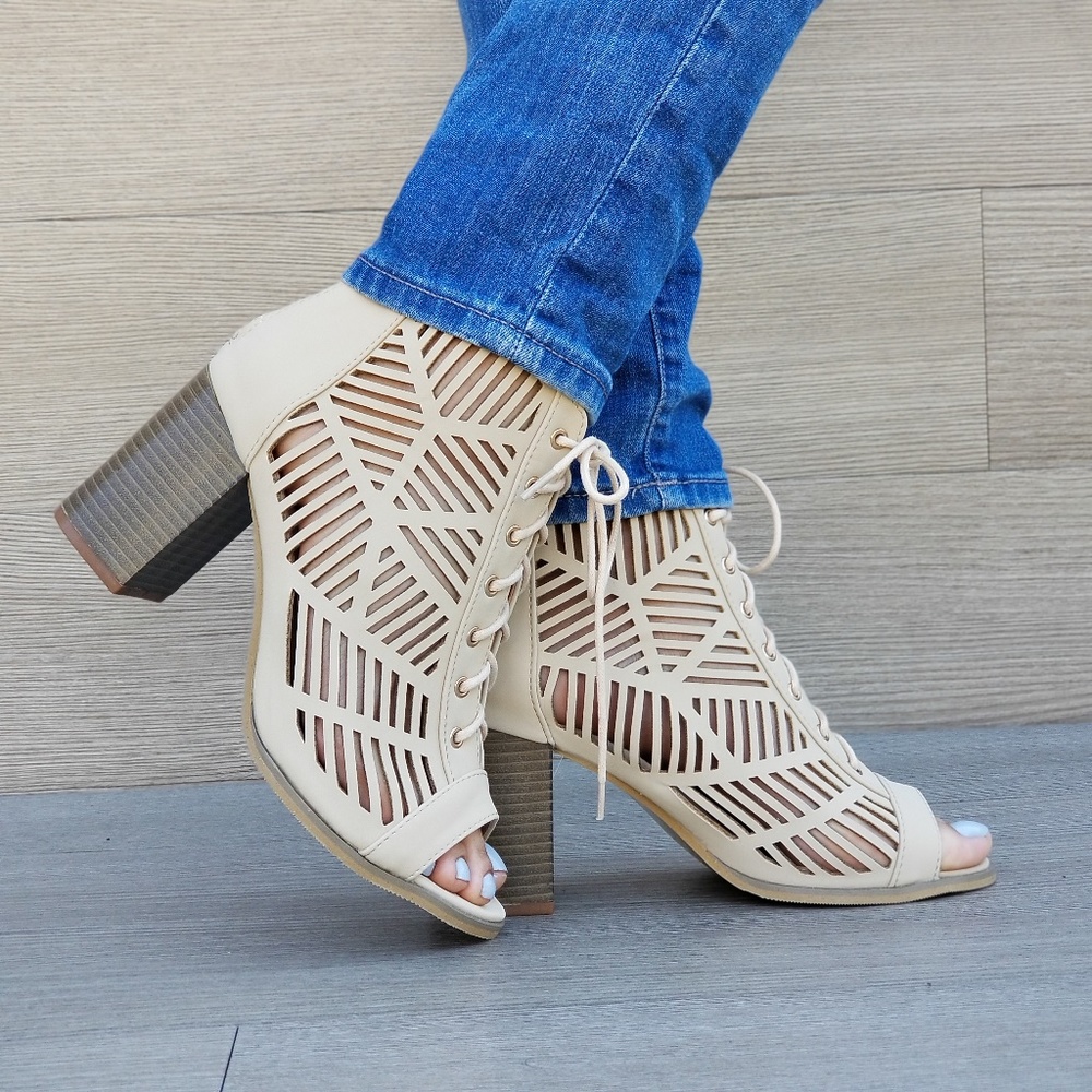 Open Toe Laced Up Spring Cut Out Ankle Booties - P - Picture 2 of 8